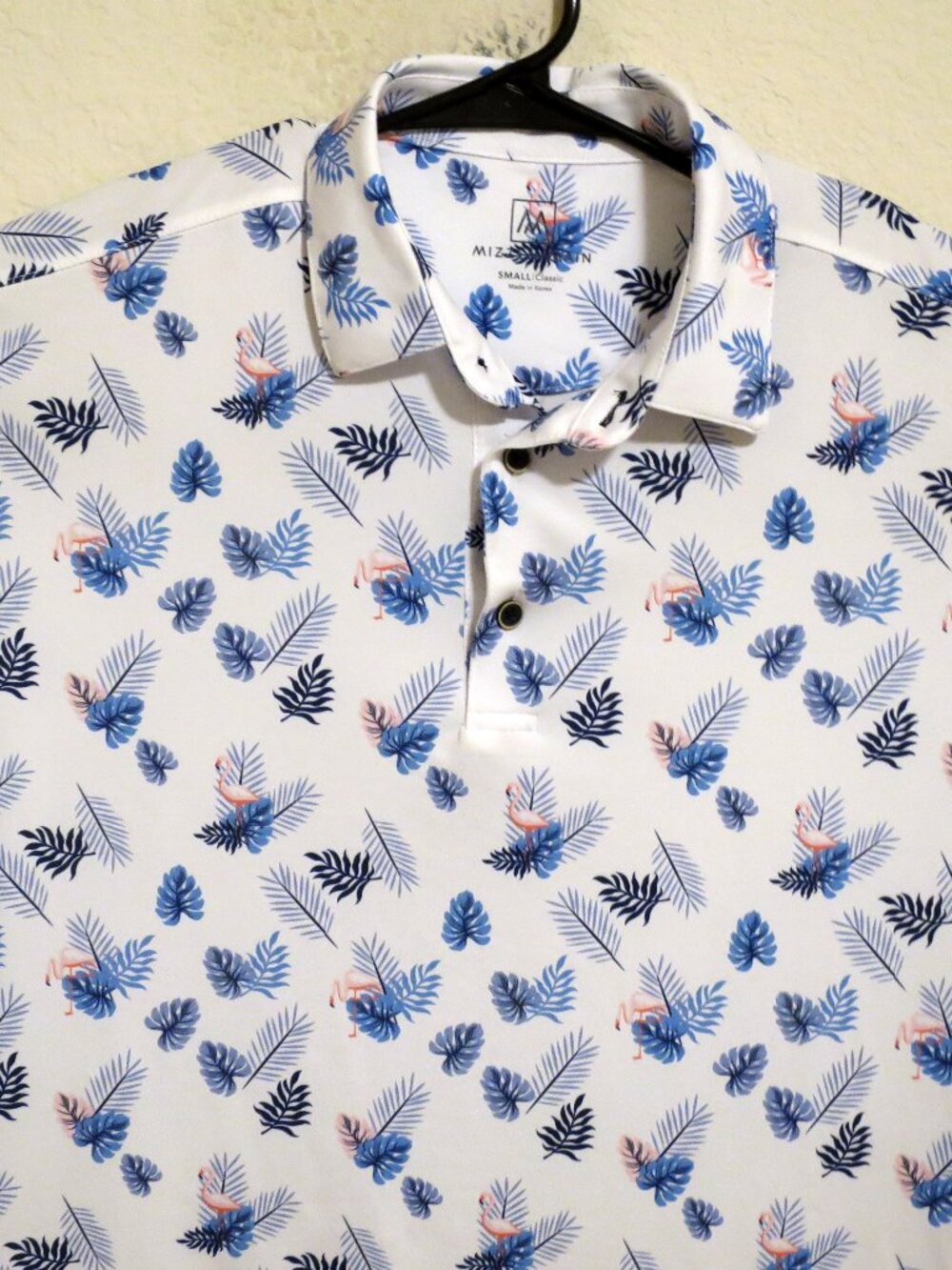 Mizzen Main Shirt Men Small Short Sleeve Golf Performance Polo White Blue Plants